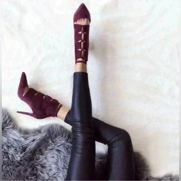 Aldo Ankle Boots Lace Up High Stiletto Heel CutOut Burgundy Suede Size 7.5 - Picture 1 of 16